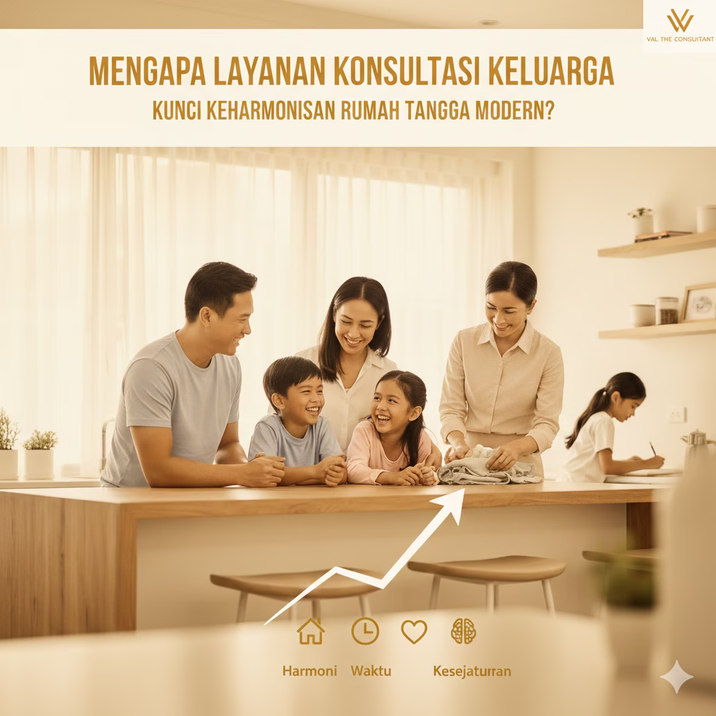 Keluarga harmonis bersama asisten rumah tangga profesional dari penyalur art terpercaya Val The Consultant Layanan Konsultasi Keluarga Terpercaya