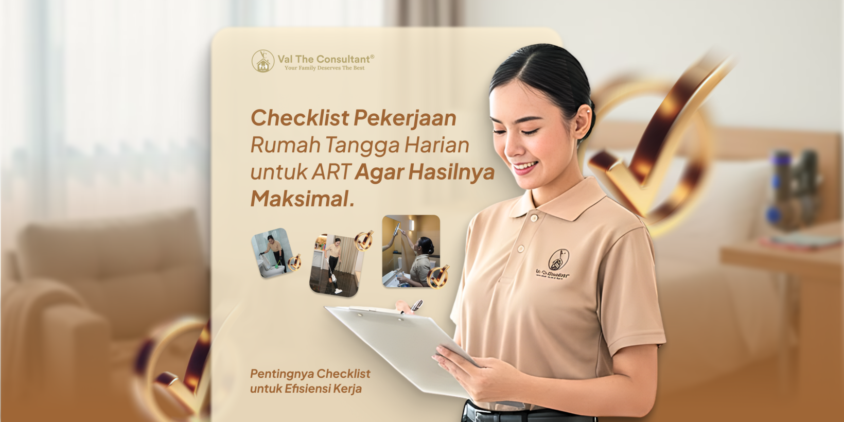 Asisten rumah tangga profesional sedang melihat checklist pekerjaan rumah tangga dari agen penyalur art terpercaya.